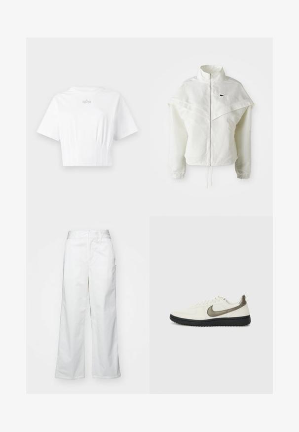 Bjela jakna dugih rukava s patentnim zatvaračem i visokim ovratnikom, s kapastim detaljima preko ramena, elastičnim manžetama i malim crnim Nike logom na prsima.; Bijela skraćena majica s kratkim rukavima, izrađena od mekanog materijala, s okruglim izrezom i diskretnim srebrnim logotipom na prsima.; Bijele hlače širokih nogavica napravljene od pamuka, s glatkom teksturom, ravnim krojem, prednjim džepovima i čistim rubom.; Nike Sportswear FIELD GENERAL - Tenisice - off-white/black