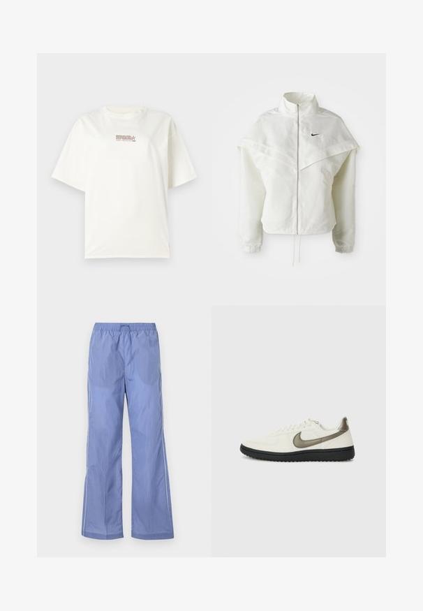 Giacca bianca a maniche lunghe con zip e colletto alto, dettaglio a mantella sulle spalle, polsini elasticizzati e piccolo logo Nike nero sul petto.; T-shirt bianco a girocollo con maniche corte, con un piccolo logo di testo rosso e marrone al centro davanti. Realizzato in materiale di cotone.; Pantaloni leggeri blu con vita elastica, caratterizzati da una vestibilità ampia e piping laterali. Realizzati in materiale liscio e resistente.; Nike Sportswear FIELD GENERAL - Sneakers basse - off-white/black
