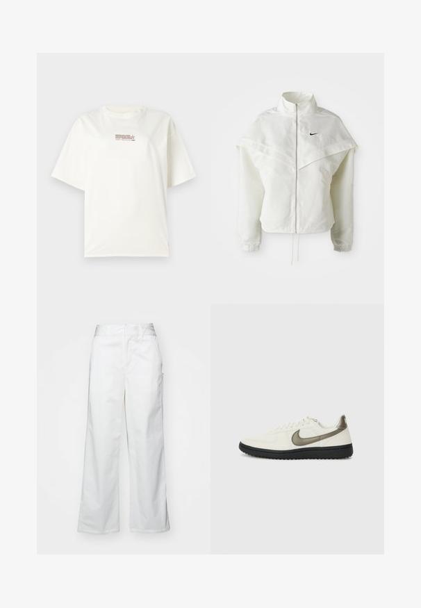 Valkoinen pitkähihainen vetoketjullinen takki korkealla kauluksella, viittamainen yksityiskohta olkapäillä, joustavat hihansuut ja pieni musta Nike-logo rinnassa.; Valkoinen puhvikauluksellinen t-paita lyhyillä hihoilla, jossa on pieni punainen ja ruskea logoteksti keskellä edessä. Valmistettu puuvillasta.; Valkeat leveät housut, jotka on valmistettu puuvillasta ja joissa on sileä tekstuuri, suora istuvuus, etutaskut ja siisti helma.; Nike Sportswear FIELD GENERAL - Matalavartiset tennarit - off-white/black