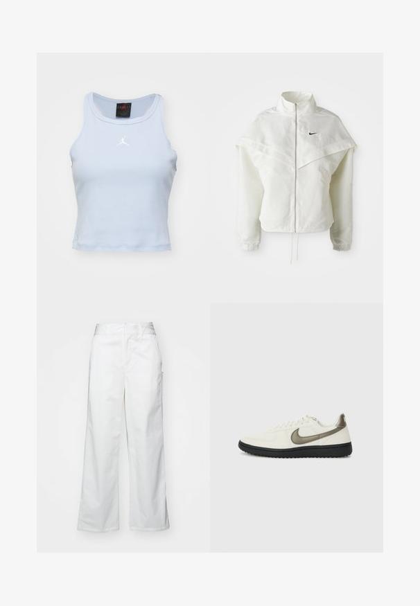 Bjela jakna dugih rukava s patentnim zatvaračem i visokim ovratnikom, s kapastim detaljima preko ramena, elastičnim manžetama i malim crnim Nike logom na prsima.; Svijetloplava, uska majica bez rukava od rebrastog materijala sa okruglim izrezom i JORDAN logom u bijeloj boji na prsima. Dizajn bez rukava.; Bijele hlače širokih nogavica napravljene od pamuka, s glatkom teksturom, ravnim krojem, prednjim džepovima i čistim rubom.; Nike Sportswear FIELD GENERAL - Tenisice - off-white/black