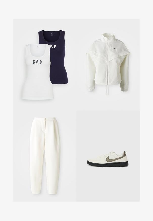Hvit langermet jakke med glidelås og høy krage, kappe-lignende detaljer over skuldrene, elastiske mansjetter, og liten svart Nike-logo på brystet.; To tanktopper i hvit og marineblå, med ribbestruktur, scoop-hals, og ordet "GAP" trykket i kontrastfarger foran.; Høytlivede, smale hvite bukser med skjult frontlukking og sidelommer, vist mot en ensfarget hvit bakgrunn.; Nike Sportswear FIELD GENERAL - Joggesko - off-white/black