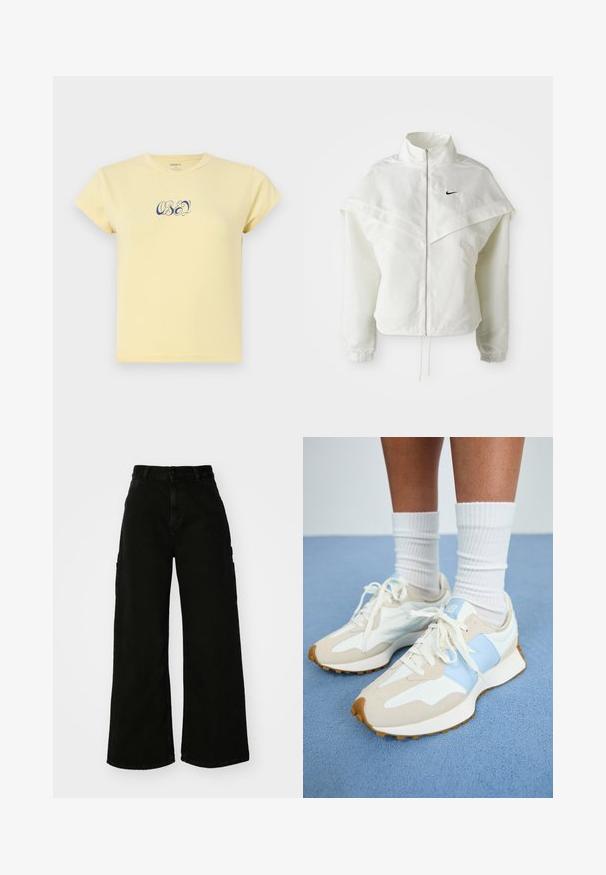 Valge pikkade varrukatega tõmblukuga jakk kõrge kraega, kätetooted, mis meenutavad katet õlgadel, elastsete mansettidega ja väikese musta Nike logoga rinnal.; Kollane puuvillane T-särk ümmarguse kaeluse ja lühikeste varrukatega, esiosas sinise tekstilooga "OBEY" dekoratiivses fondis.; Must musta laiad jõhkrad püksid, mis on valmistatud denimist, kõrge vöökoha, esise nupu sulgemise ja küljetaskutega. Sile tekstuur minimaalse õmblusega.; Kerged jooksujalad beeži ja helesinise disainiga. Omavad nahast ja võrkmaterjalidest koostisosade kombinatsiooni, valgeid nööre ja tekstureeritud kummituks.