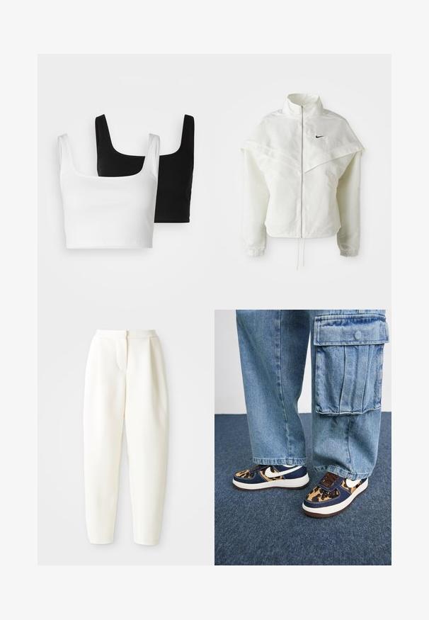 Balta garās piedurknes ar rāvējslēdzēju jaka ar augstu apkakli, apmetņa līdzīga detaļa uz pleciem, elastīgas aproces un mazs melns Nike logotips uz krūtīm.; Even&Odd 2 PACK - Tops - black/white; Augstas jostas līnijas, sašaurināti balti bikses ar slēptu priekšējo aizdari un sānu kabatām, attēloti uz vienkrāsaina balta fona.; Tumši zili sporta apavi ar leoparda raksta akcentiem, baltu Nike swoosh, brūnām šņorēm un baltu starpsoļu daļu. Saskaņoti ar gaišiem denim cargo biksēm.