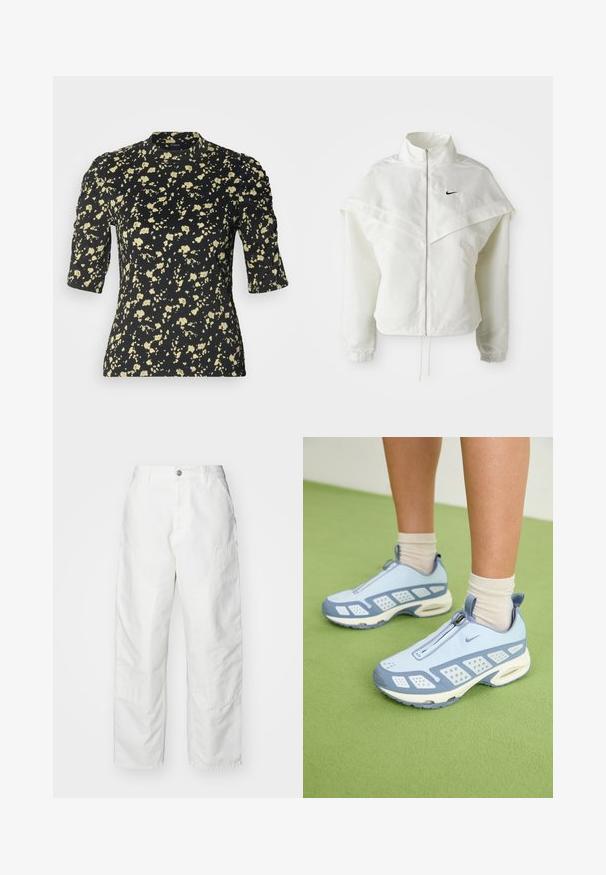 Fehér, hosszú ujjú, zipzáras dzseki magas gallérral, a vállakon lebegő, köpenyszerű résszel, rugalmas mandzsettákkal és kis fekete Nike logóval a mellkason.; Lindex LORELAI - Nyomott mintás póló - off black; Fehér kantáros nadrág denim anyagból, laza szabással, oldalsó zsebekkel és látható varrási részletekkel. Egyszerű elülső rész gombos záródással.; Világoskék sportcipők fehér díszítéssel, texturált panelek és cipzáras záródás. Jellemzője a látható légpárnás talp és a gumitalp.