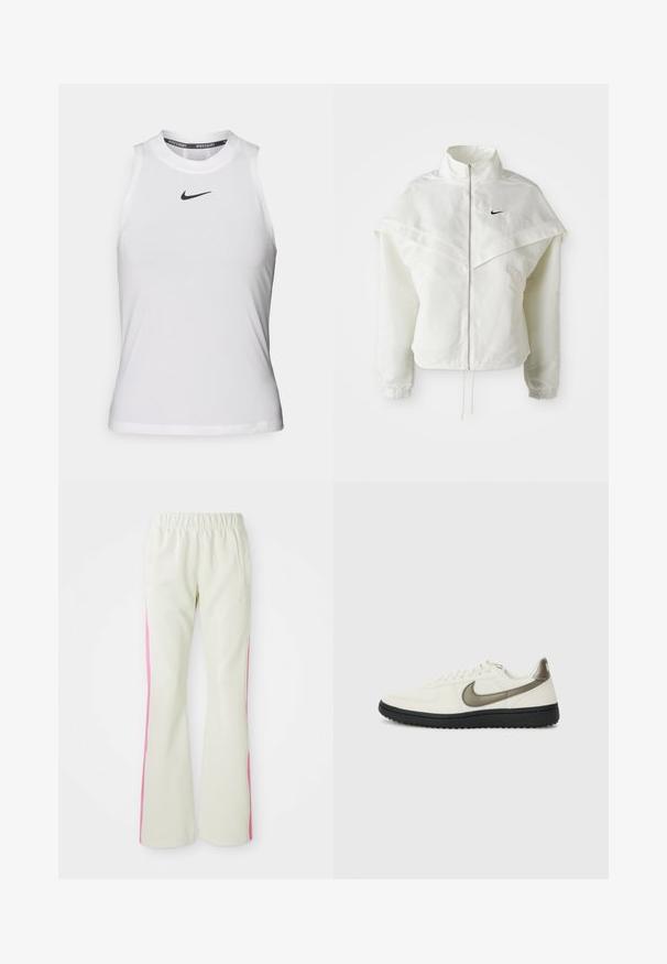 Weiße langärmlige Zip-Jacke mit hohem Kragen, cape-artigem Detail über den Schultern, elastischen Bündchen und kleinem schwarzen Nike-Logo auf der Brust.; Weißes ärmelloses Sportoberteil mit rundem Ausschnitt und kleinem schwarz Nike-Logo auf der Brust. Hergestellt aus glattem, leichtem Material.; Helle beige Hosen mit einem elastischen Bund, ausgestattet mit pinken seitlichen Einsätzen und seitlichen Taschen. Glatte Textur mit geradem Bein.; Nike Sportswear FIELD GENERAL - Sneaker low - off-white/black
