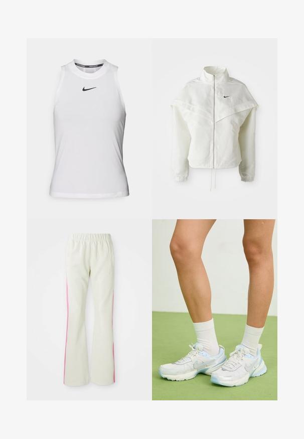 Witte lange mouwen zip-up jas met hoge kraag, cape-achtige details over de schouders, elastische manchetten en een klein zwart Nike-logo op de borst.; Witte mouwloze sporttop met een ronde halslijn en een klein zwart Nike-logo op de borst. Gemaakt van gladde, lichtgewicht stof.; Lichtbeige broek met een elastische tailleband, voorzien van roze zijpanelen en zijzakken. Gladde textuur met een recht gesneden pasvorm.; Witte en lichtblauwe sportschoenen van mesh en synthetische materialen, met textuuraccenten, een afgeronde vorm en een dempende zool.