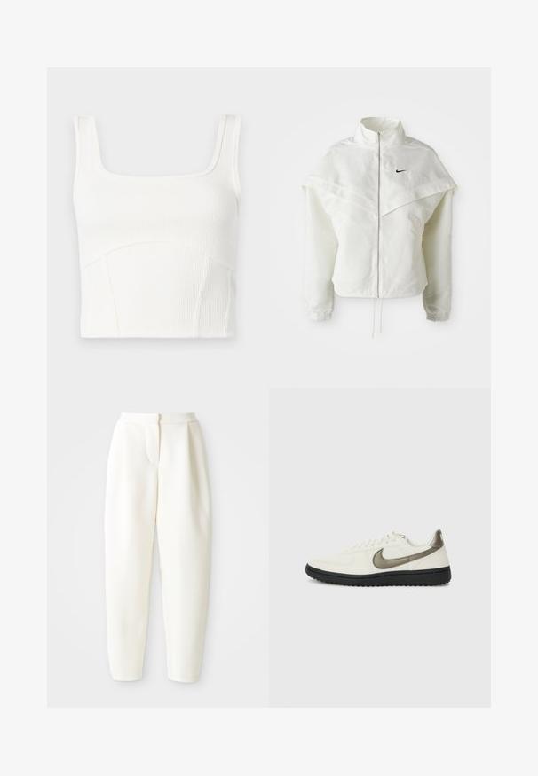 Fehér, hosszú ujjú, zipzáras dzseki magas gallérral, a vállakon lebegő, köpenyszerű résszel, rugalmas mandzsettákkal és kis fekete Nike logóval a mellkason.; Fehér, bordázott, rövidített felső négyzet alakú nyakkivágással, széles vállpántokkal és varrásrészletekkel. Puha anyag, texturált felülettel.; Magas derékú, tapered fehér nadrág, rejtett elülső záródással és oldalsó zsebekkel, sima fehér háttér előtt bemutatva.; Nike Sportswear FIELD GENERAL - Sportcipő - off-white/black