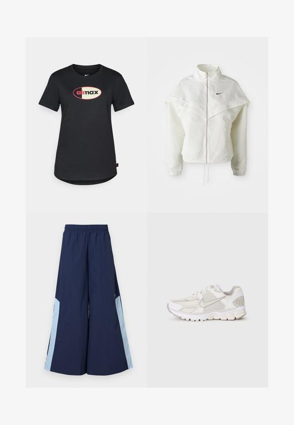 White long-sleeve zip-up jacket with high collar, cape-like detail across shoulders, elastic cuffs, and small black Nike logo on chest.; Black cotton T-shirt featuring a crew neckline, short sleeves, and a central "airmax" logo in red and cream color on the front.; Navy wide-leg pants with an elastic waistband, featuring light blue side panels and a smooth texture. Designed for comfort and ease of movement.; White athletic shoe with mesh and synthetic materials. Features a textured design, padded collar, and geometric accents on the heel.