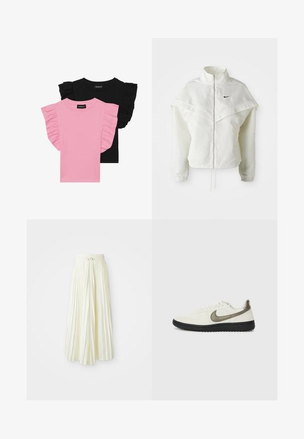 White long-sleeve zip-up jacket with high collar, cape-like detail across shoulders, elastic cuffs, and small black Nike logo on chest.; Two short-sleeve T-shirts: one pink with ruffled sleeves, one black with similar ruffles. Both feature a round neckline and cotton material.; Pleated midi skirt in light yellow fabric, featuring an elastic waistband with a tie, smooth texture, and vertical stripes for added detail.; Nike Sportswear FIELD GENERAL - Trainers - off-white/black