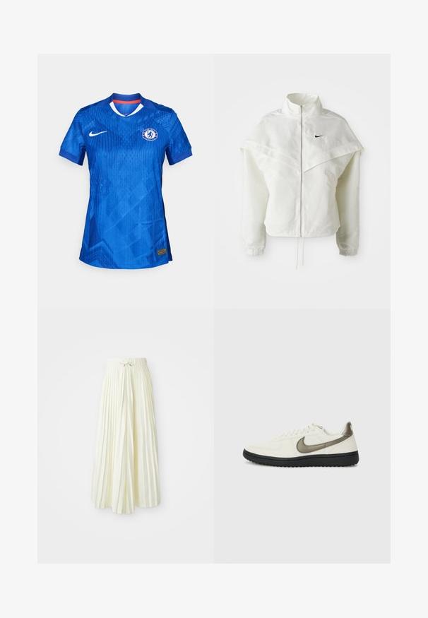 Witte lange mouwen zip-up jas met hoge kraag, cape-achtige details over de schouders, elastische manchetten en een klein zwart Nike-logo op de borst.; Chelsea Football Club-shirt in levendig blauw, met een subtiel geometrisch patroon, witte kraag en het Nike-logo op de voorkant.; Gerimpelde midi-jurk in lichtgele stof, voorzien van een elastische tailleband met een strik, een gladde textuur en verticale strepen voor extra details.; Nike Sportswear FIELD GENERAL - Sneakers laag - off-white/black