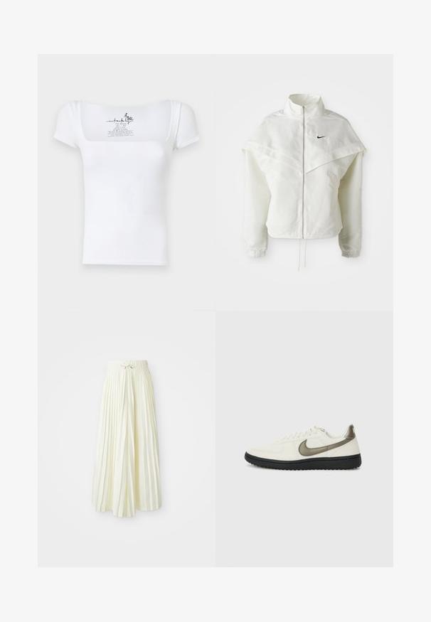 White long-sleeve zip-up jacket with high collar, cape-like detail across shoulders, elastic cuffs, and small black Nike logo on chest.; White fitted t-shirt with a square neckline and short sleeves. Features a small printed logo and care instructions on the back.; Pleated midi skirt in light yellow fabric, featuring an elastic waistband with a tie, smooth texture, and vertical stripes for added detail.; Nike Sportswear FIELD GENERAL - Trainers - off-white/black