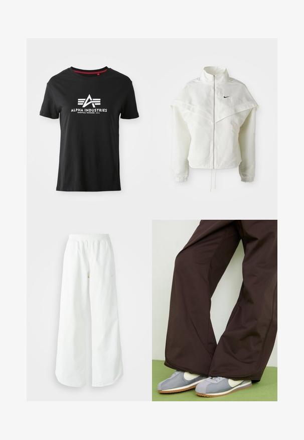 White long-sleeve zip-up jacket with high collar, cape-like detail across shoulders, elastic cuffs, and small black Nike logo on chest.; Black cotton t-shirt with a crew neckline and short sleeves. Features a prominent white logo with stylized letters and accent lines on the front.; White wide-leg athletic pants with a ribbed waistband and subtle logo detail. Smooth fabric with a relaxed fit and tapered hem.; Brown wide-leg pants with smooth texture and side seam detailing, paired with grey and white retro-style sneakers featuring a gum sole.