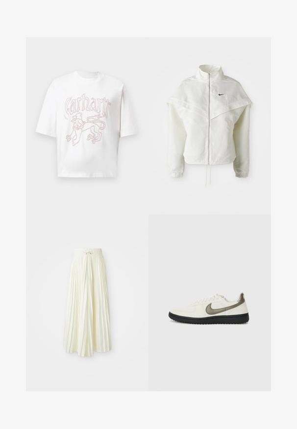 Veste zippée à manches longues blanche avec col haut, détail de type cape sur les épaules, poignets élastiques et petit logo Nike noir sur la poitrine.; T-shirt blanc à manches courtes avec un graphique de lion contouré en rouge et le texte stylisé "Carhartt" sur la poitrine.; Jupe midi plissée en tissu jaune clair, dotée d'une taille élastique avec un lien, texture lisse et rayures verticales pour plus de détails.; Nike Sportswear FIELD GENERAL - Baskets basses - off-white/black