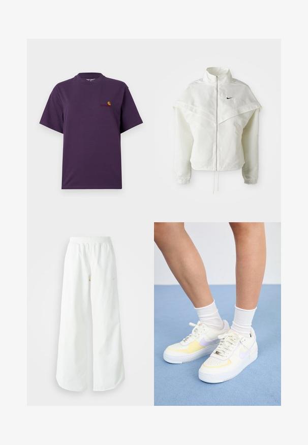 Weiße langärmlige Zip-Jacke mit hohem Kragen, cape-artigem Detail über den Schultern, elastischen Bündchen und kleinem schwarzen Nike-Logo auf der Brust.; Lila Baumwoll-T-Shirt mit Rundhalsausschnitt und kurzen Ärmeln. Verfügt über ein kleines Logo in Orange und Rot auf der linken Brust.; Weiße, weit geschnittene Sporthose mit einem gerippten Bund und dezentem Logo-Detail. Glattes Material mit lockerer Passform und schmal zulaufendem Saum.; Weiße Ledersneaker mit gelben und lavendelfarbenen Akzenten, runde Zehenpartie, flache Schnürsenkel und strukturierte Gummisohle. Getragen mit weißen Socken.