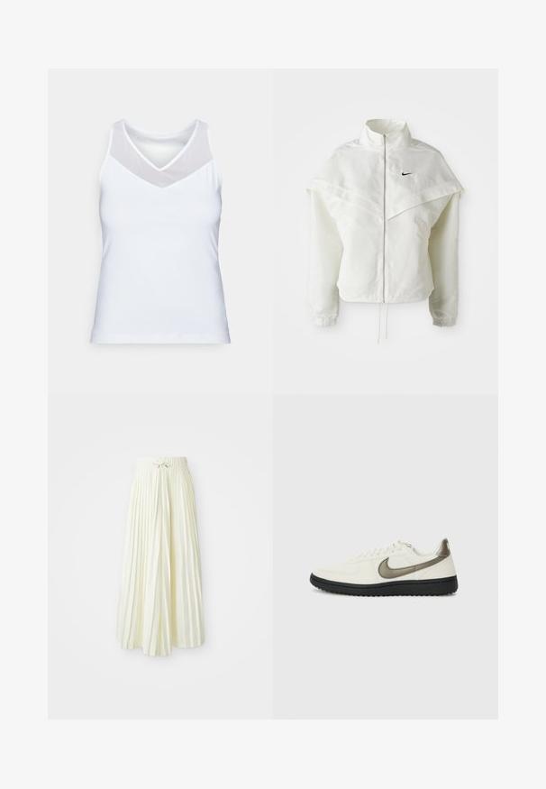 White long-sleeve zip-up jacket with high collar, cape-like detail across shoulders, elastic cuffs, and small black Nike logo on chest.; White tank top made of smooth fabric, featuring a V-neckline with sheer mesh detailing on the shoulders. Simple and fitted design.; Pleated midi skirt in light yellow fabric, featuring an elastic waistband with a tie, smooth texture, and vertical stripes for added detail.; Nike Sportswear FIELD GENERAL - Trainers - off-white/black