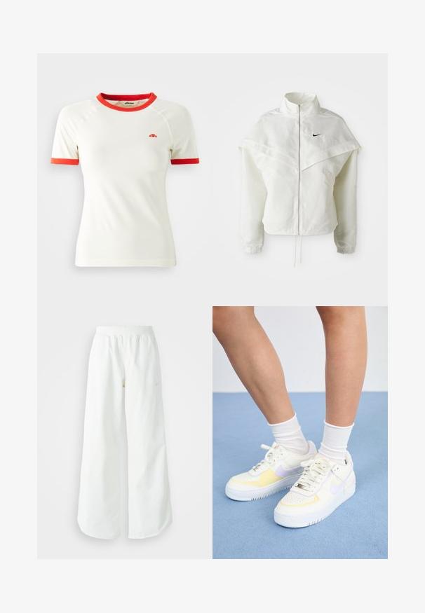 Balta garās piedurknes ar rāvējslēdzēju jaka ar augstu apkakli, apmetņa līdzīga detaļa uz pleciem, elastīgas aproces un mazs melns Nike logotips uz krūtīm.; Krems krāsas T-krekls ar īsām piedurknēm, sarkanu apakšmalu un piedurkņu apmalēm. Uz krūtīm atrodas neliels logo. Gluda auduma, pieguļoša dizaina.; Baltas, platais sporta bikses ar ribotu jostasvītru un smalku logotipa detaļu. Gluda auduma ar brīvu piegriezumu un sašaurinātu apakšdaļu.; Balti ādas sporta apavi ar dzelteniem un lavandas akcentiem, apaļa purngala forma, plakani šņores un teksturēta gumijas zole. Valkāti ar baltām zeķēm.