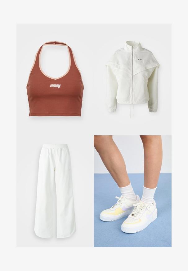 Valge pikkade varrukatega tõmblukuga jakk kõrge kraega, kätetooted, mis meenutavad katet õlgadel, elastsete mansettidega ja väikese musta Nike logoga rinnal.; Pruun ribadega lühike topp, millel on halter kaelusesdesign, kontrastne helesinine ääristus ja valgesse värvi "ruby" logo tikand ees.; Valged laiad spordipüksid, ribadega vöökoht ja diskreetne logosümbol. Sile kangas, lõdvestatud istuvus ja kitsenev ääreosa.; Valged nahast tossud kollaste ja lavendlitoonide aktsentidega, ümar varvas, tasased paelad ja tekstureeritud kummist tald. Kannab valgeid sokke.