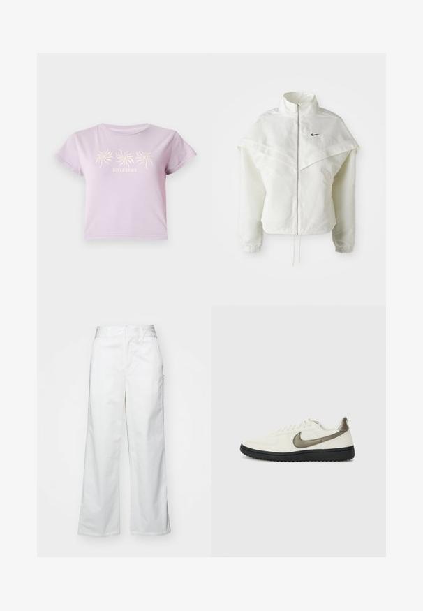 Bela jakna z dolgimi rokavi in zadrgo, visokim ovratnikom, plaščastim detajlom čez ramena, elastičnimi manšetami in majhnim črnim logotipom Nike na prsih.; Lila bombažna majica s kratkimi rokavi, ki prikazuje grafiko treh spiralama nad besedilom "BILLABONG" v svetlejši barvi.; Bele hlače širokega kroja iz bombaža, z gladko teksturo, pravim fitom, sprednjimi žepi in čistim robom.; Nike Sportswear FIELD GENERAL - Športni copati - off-white/black