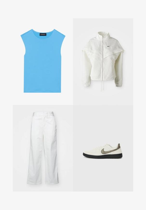 Bílá dlouhá zipová bunda s vysokým límcem, pláštěnkovým detailem přes ramena, elastickými manžetami a malým černým logem Nike na hrudi.; Modrá bezrukávová blůza vyrobená z hladkého materiálu, s kulatým výstřihem a čistými liniemi, bez dalších ozdob nebo vzorů.; Bílé kalhoty s širokými nohavicemi vyrobené z bavlny, s hladkou texturou, rovný střih, přední kapsy a čistý lem.; Nike Sportswear FIELD GENERAL - Tenisky - off-white/black