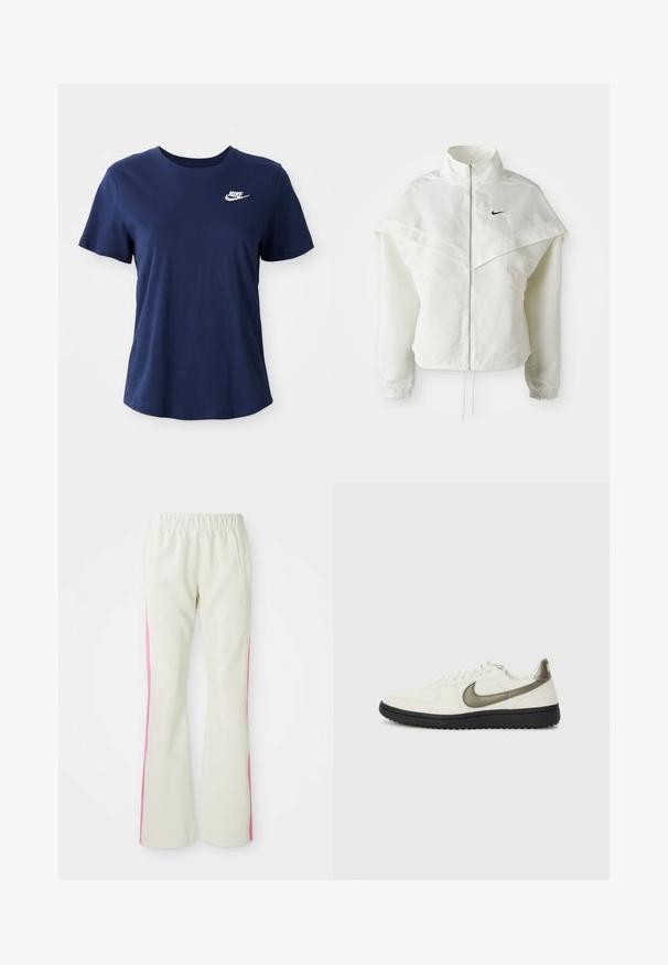 Hvit langermet jakke med glidelås og høy krage, kappe-lignende detaljer over skuldrene, elastiske mansjetter, og liten svart Nike-logo på brystet.; Marine-blå bomull t-skjorte med korte ermer og rund hals. Har en hvit Nike-logo på venstre bryst. Myk tekstur og avslappet passform.; Lys beige bukser med elastisk linning, med rosa sidepaneler og sidelommer. Glatt tekstur med rett ben-design.; Nike Sportswear FIELD GENERAL - Joggesko - off-white/black
