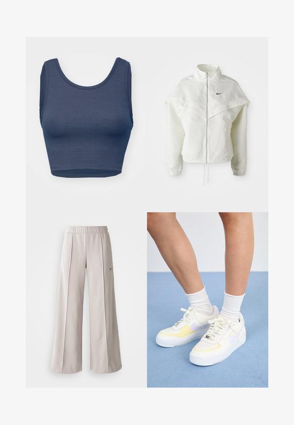 Biela bunda s dlhým rukávom na zips a vysokým golierom, s plášťovým detailom cez plecia, elastickými manžetami a malým čiernym logom Nike na hrudi.; Námornícke modrý crop top s výstrihom do okrúhla, bez rukávov, textúrovaná tkanina a minimálne švy pozdĺž okrajov.; Svetlo šedé nohavice s širokým strihom vyrobené z hladkej tkaniny. Obsahujú elastický pás a čierne logo Nike na ľavej strane.; Biele kožené tenisky s žltými a levanduľovými akcentmi, okrúhle špičky, ploché šnúrky a textúrovaná gumová podrážka. Nosené s bielymi ponožkami.