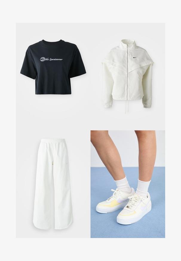 White long-sleeve zip-up jacket with high collar, cape-like detail across shoulders, elastic cuffs, and small black Nike logo on chest.; Cropped black cotton t-shirt with short sleeves, featuring white text "Vice Sportswear" and a circular graphic on the front.; White wide-leg athletic pants with a ribbed waistband and subtle logo detail. Smooth fabric with a relaxed fit and tapered hem.; White leather sneakers with yellow and lavender accents, round toe, flat laces, and textured rubber sole. Worn with white socks.