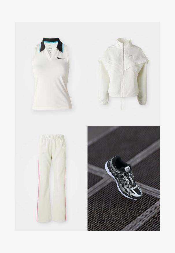 Hvid langærmet zip-up jakke med høj krave, kappe-lignende detaljer over skuldrene, elastiske manchetter og lille sort Nike-logo på brystet.; Hvid ærmeløs polo skjorte med en sort krave med turkise accenter. Den har en v-hals og et lille sort Nike-logo på brystet.; Lys beige bukser med elastisk talje, der har pink sidepaneler og sidelommer. Glat tekstur med straight-leg design.; Nike løbesko med en sort og sølv farveskema, mesh-overdel, tekstureret sål og snøresystem for sikker pasform.