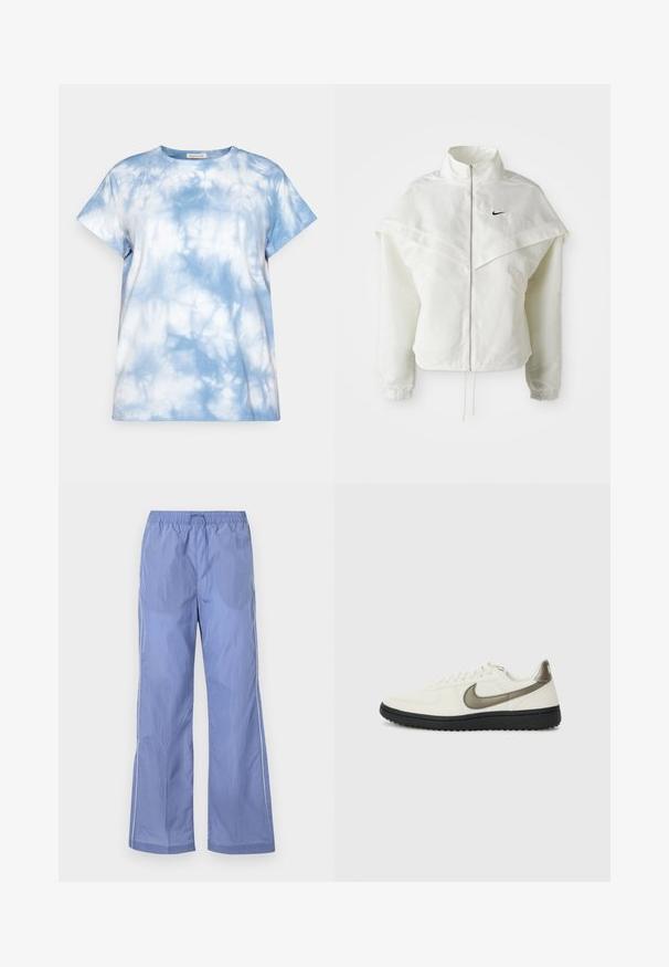 Balta ilga rankovė zip-up striukė su aukštu apykakle, švarkelio tipo detalėmis ant pečių, elastingomis rankovėmis ir mažuoju juodu Nike logotipu ant krūtinės.; Šviesiai mėlynas medvilninis marškinėliai su raugų raštu, trumpomis rankovėmis ir apvalia iškirpte. Lygus paviršius, laisvas siluetas.; Mėlyni lengvi kelnes su elastinga juosta, turinčios laisvą siluetą ir šonines juosteles. Pagamintos iš glotnaus, patvaraus medžiagos.; Nike Sportswear FIELD GENERAL - Sportbačiai - off-white/black