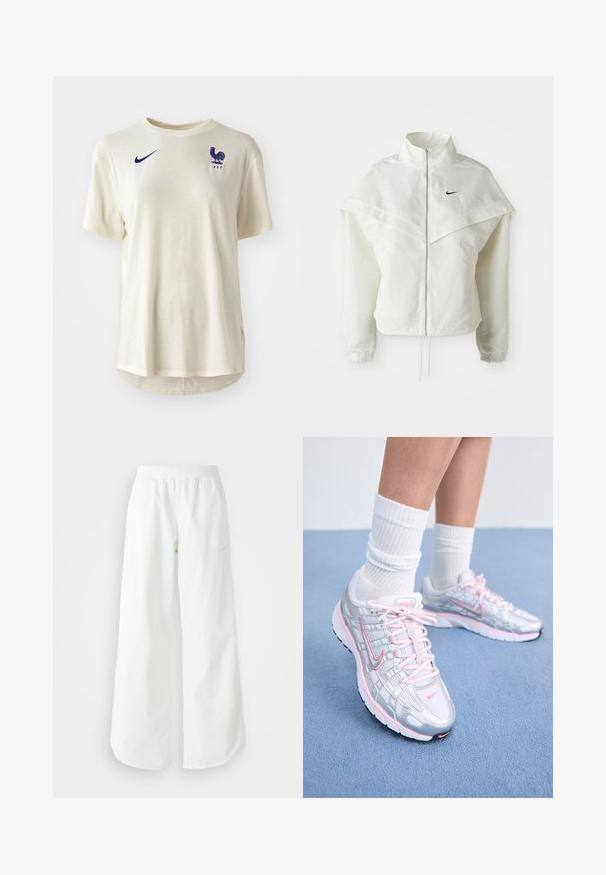 Balta garās piedurknes ar rāvējslēdzēju jaka ar augstu apkakli, apmetņa līdzīga detaļa uz pleciem, elastīgas aproces un mazs melns Nike logotips uz krūtīm.; Krēmkrasas Nike t-krekls ar īsām piedurknēm, kuram uz kreisās krūtis ir zils gāzes logos un 'FFF' emblēma. Gluda auduma tekstūra.; Baltas, platais sporta bikses ar ribotu jostasvītru un smalku logotipa detaļu. Gluda auduma ar brīvu piegriezumu un sašaurinātu apakšdaļu.; Nike skriešanas apavi ar sudraba pārklājumu, rozā akcentiem, baltām šņorēm un fakturētu zoli. Valkāti ar baltām kokvilnas sporta zeķēm.