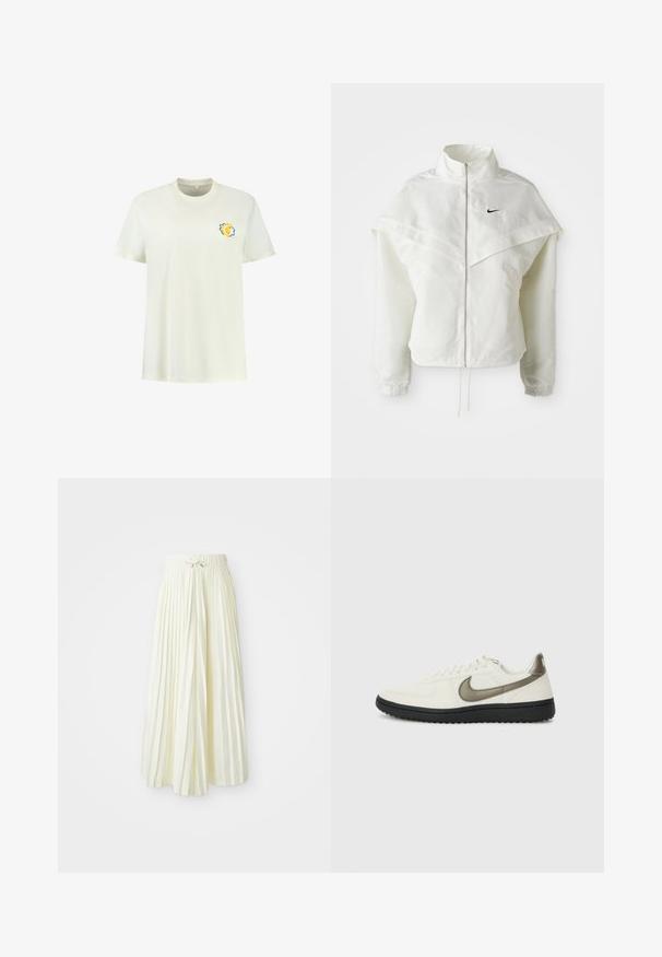 Balta garās piedurknes ar rāvējslēdzēju jaka ar augstu apkakli, apmetņa līdzīga detaļa uz pleciem, elastīgas aproces un mazs melns Nike logotips uz krūtīm.; Balts kokvilnas T-krekls ar īsām piedurknēm, ar mazu lauvu grafiku dzeltenā un zilā krāsā kreisajā krūšu daļā.; Gaiši dzeltena plisēta midi svārku, kurai ir elastīga josta ar saišu, gluda tekstūra un vertikālas svītras papildu detaļām.; Nike Sportswear FIELD GENERAL - Treniņu apavi - off-white/black