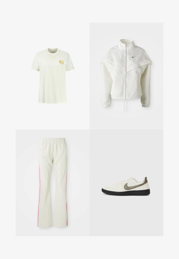 Valkoinen pitkähihainen vetoketjullinen takki korkealla kauluksella, viittamainen yksityiskohta olkapäillä, joustavat hihansuut ja pieni musta Nike-logo rinnassa.; Valkoinen puuvillapaita lyhyillä hihoilla, jossa on pieni keltainen ja sininen leijonagrafiikka vasemmassa rinnassa.; Vaaleanbeige housut, joissa on joustava vyötärö, pinkit sivupaneelit ja sivutaskut. Silkkinen tekstuuri suoran lahkeen muotoilulla.; Nike Sportswear FIELD GENERAL - Matalavartiset tennarit - off-white/black