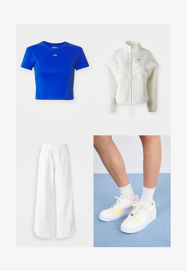 Balta garās piedurknes ar rāvējslēdzēju jaka ar augstu apkakli, apmetņa līdzīga detaļa uz pleciem, elastīgas aproces un mazs melns Nike logotips uz krūtīm.; Zils īss krekls, kas izgatavots no ribotās kokvilnas. Tam ir apaļa apkakle un mazs balts logo uz krūtīm. Īsas piedurknes.; Baltas, platais sporta bikses ar ribotu jostasvītru un smalku logotipa detaļu. Gluda auduma ar brīvu piegriezumu un sašaurinātu apakšdaļu.; Balti ādas sporta apavi ar dzelteniem un lavandas akcentiem, apaļa purngala forma, plakani šņores un teksturēta gumijas zole. Valkāti ar baltām zeķēm.