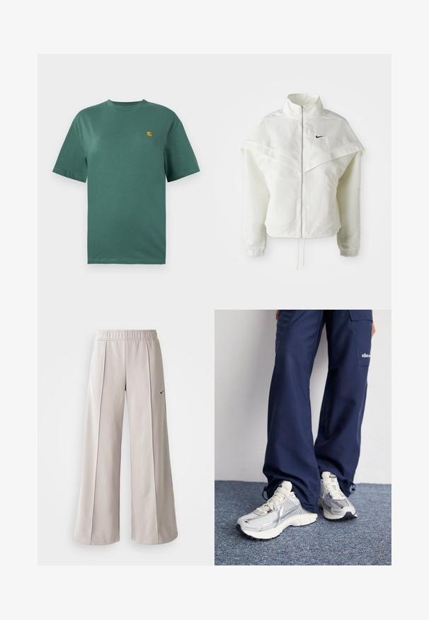 Chaqueta blanca de manga larga con cremallera y cuello alto, detalle tipo capa en los hombros, puños elásticos y pequeño logo negro de Nike en el pecho.; Camiseta de algodón color aguamarina con mangas cortas, cuello redondo y un pequeño logo amarillo en el lado izquierdo del pecho. Textura suave y corte relajado.; Pantalones de pierna ancha en gris claro, confeccionados con una tela suave. Presentan una cinturilla elástica y el logotipo negro de Nike en el lado izquierdo.; Zapatillas deportivas Nike con parte superior de malla plateada, acentos blancos y suelas texturizadas, combinadas con pantalones azul marino de corte holgado.