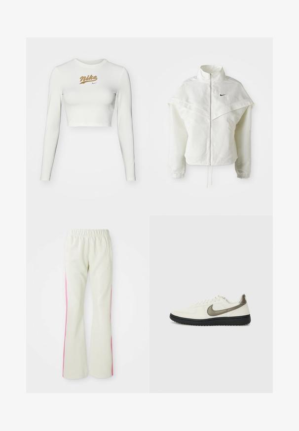 Valkoinen pitkähihainen vetoketjullinen takki korkealla kauluksella, viittamainen yksityiskohta olkapäillä, joustavat hihansuut ja pieni musta Nike-logo rinnassa.; Pitkähihaista valkoista crop-topia, joka on valmistettu sileästä kankaasta. Siinä on kultainen Nike-logo painettuna rintaan ja klassinen pyöreä kaula-aukko.; Vaaleanbeige housut, joissa on joustava vyötärö, pinkit sivupaneelit ja sivutaskut. Silkkinen tekstuuri suoran lahkeen muotoilulla.; Nike Sportswear FIELD GENERAL - Matalavartiset tennarit - off-white/black
