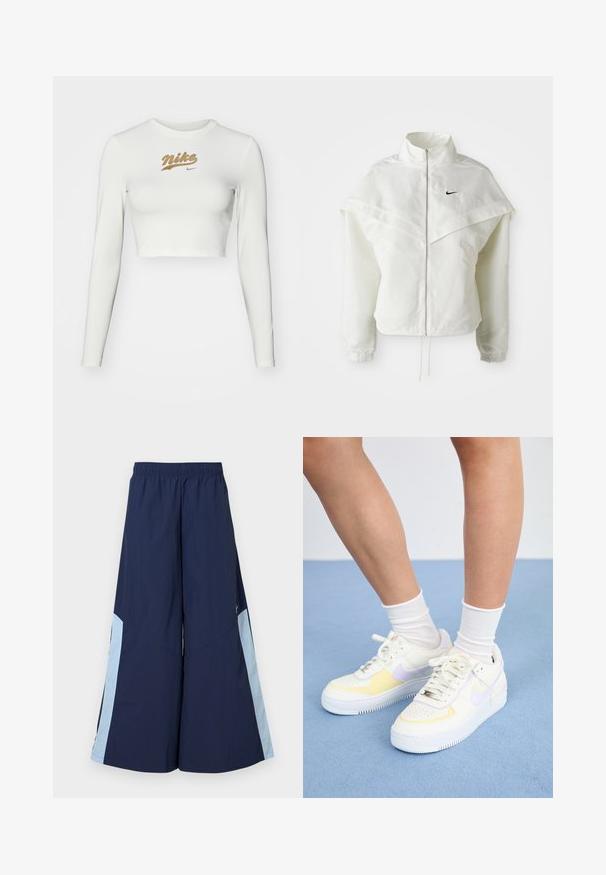 Weiße langärmlige Zip-Jacke mit hohem Kragen, cape-artigem Detail über den Schultern, elastischen Bündchen und kleinem schwarzen Nike-Logo auf der Brust.; Weißes, langärmliges Crop-Top aus glattem Stoff, mit einem goldenen Nike-Logo-Print auf der Brust und einem klassischen Rundhalsausschnitt.; Marinefarbene weite Hosen mit einem elastischen Bund, die hellblaue Seitenpaneele und eine glatte Textur aufweisen. Designed für Komfort und Bewegungsfreiheit.; Weiße Ledersneaker mit gelben und lavendelfarbenen Akzenten, runde Zehenpartie, flache Schnürsenkel und strukturierte Gummisohle. Getragen mit weißen Socken.