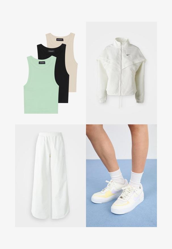 Biela bunda s dlhým rukávom na zips a vysokým golierom, s plášťovým detailom cez plecia, elastickými manžetami a malým čiernym logom Nike na hrudi.; Tričko bez rukávov v mätovej zelenej, čiernej a béžovej farbe; vyrobené z rebrovanej tkaniny s okrúhlym výstrihom. Viditeľná značka značky.; Biele široké športové nohavice s ribbovaným pásom a jemným logom. Hladká tkanina s uvoľneným strihom a zúženým lemom.; Biele kožené tenisky s žltými a levanduľovými akcentmi, okrúhle špičky, ploché šnúrky a textúrovaná gumová podrážka. Nosené s bielymi ponožkami.