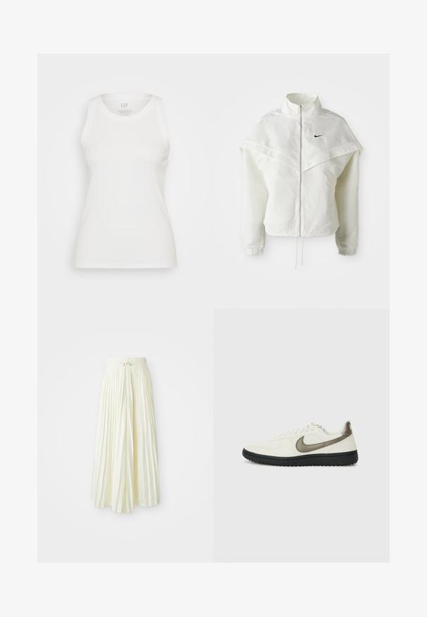Bela jakna z dolgimi rokavi in zadrgo, visokim ovratnikom, plaščastim detajlom čez ramena, elastičnimi manšetami in majhnim črnim logotipom Nike na prsih.; GAP HIGH NECK TANK - Top - white; Plisirana midi krila iz svetlo rumenega blaga, ki ima elastičen pas z vezalko, gladko teksturo in vertikalne črte za dodatne podrobnosti.; Nike Sportswear FIELD GENERAL - Športni copati - off-white/black