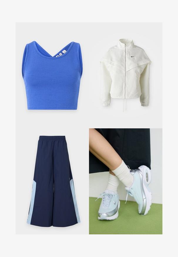 Weiße langärmlige Zip-Jacke mit hohem Kragen, cape-artigem Detail über den Schultern, elastischen Bündchen und kleinem schwarzen Nike-Logo auf der Brust.; Blaues, kurzes Tanktop aus strukturiertem Material. Verfügt über ein V-Ausschnitt-Design und ärmellosen Schnitt mit einer taillierten Silhouette.; Marinefarbene weite Hosen mit einem elastischen Bund, die hellblaue Seitenpaneele und eine glatte Textur aufweisen. Designed für Komfort und Bewegungsfreiheit.; Helle blaue Sneaker mit silbernen Akzenten, strukturiertem Obermaterial, gepolsterter Sohle und sichtbarem Luftpolster. Kombiniert mit weißen, gerippten Socken.