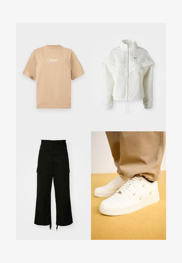 Vit långärmad zip-up jacka med hög krage, kap-liknande detalj över axlarna, elastiska ärmslut och liten svart Nike-logga på bröstet.; Beige bomullströja med korta ärmar, rund halsringning och vit kursiv text framtill som står "Pegador Dreams Come True."; Svart cargobyxa i bomull med vida ben, sidofickor och dragsko vid fållen. Designen inkluderar en knappstängning i midjan.; Vita lädersneakers med perforerade tår, gyllene detaljer och plana snören, i kombination med beige byxor på en strukturerad gul yta.