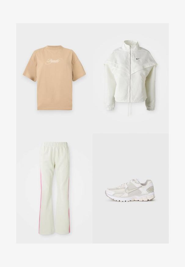 Bílá dlouhá zipová bunda s vysokým límcem, pláštěnkovým detailem přes ramena, elastickými manžetami a malým černým logem Nike na hrudi.; Beige bavlněné tričko s krátkými rukávy, kulatým výstřihem a bílým kurzívním textem vpředu, který zní "Pegador Dreams Come True."; Světlé béžové kalhoty s elastickým pasem, s růžovými bočními panely a postranními kapsami. Hladká textura s rovným střihem.; Bílé atletické boty s mesh a syntetickými materiály. Mají strukturovaný design, polstrovaný límec a geometrické akcenty na patě.