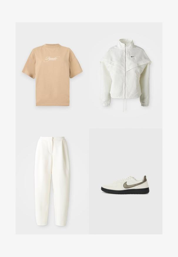 Jaqueta branca de mangas longas com fecho éclair e gola alta, detalhe tipo capa nos ombros, punhos elásticos e pequeno logótipo preto da Nike no peito.; T-shirt de algodão bege com mangas curtas, decote redondo e texto branco em caligrafia na parte da frente que diz "Os Sonhos dos Pegadores Tornam-se Reais."; Calças brancas de cintura alta e corte tapered com fecho frontal oculto e bolsos laterais, exibidas contra um fundo branco liso.; Nike Sportswear FIELD GENERAL - Sapatilhas - off-white/black