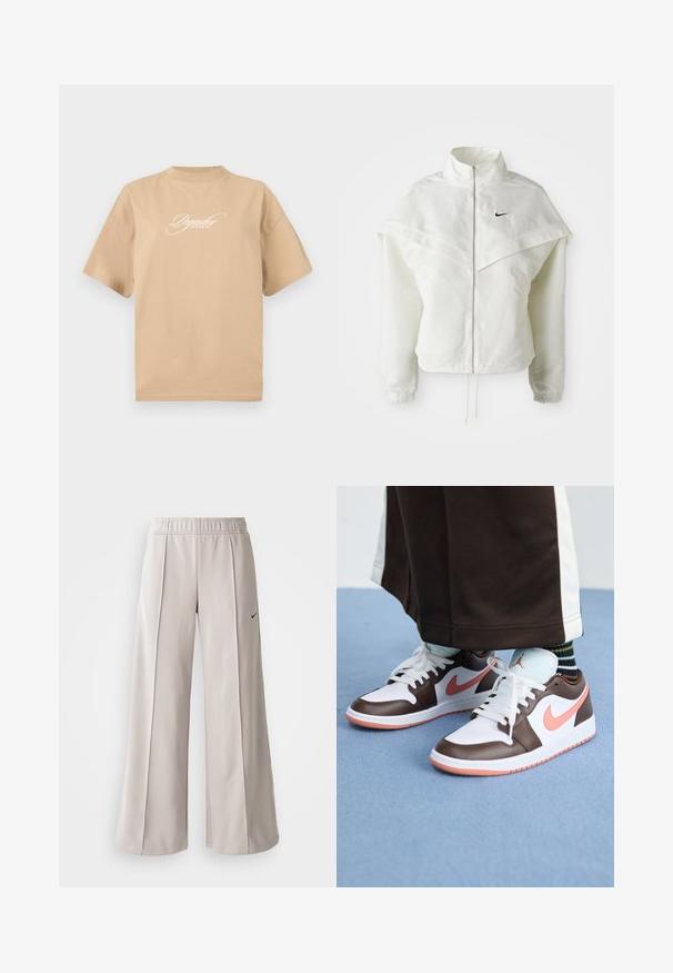 Hvid langærmet zip-up jakke med høj krave, kappe-lignende detaljer over skuldrene, elastiske manchetter og lille sort Nike-logo på brystet.; Beige bomulds t-shirt med korte ærmer, rund halsudskæring og hvid skråskrift på fronten, der står "Pegador Dreams Come True."; Lys grå, vide bukser lavet af glat stof. Har et elastisk talje bånd og sort Nike-logo på venstre side.; Hvide og brune Nike Air Jordan sneakers med pink accenter, der har et lavt design, hvide snørebånd og en tekstureret gummisål.