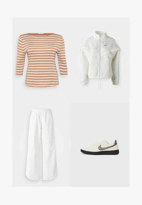 Bela jakna z dolgimi rokavi in zadrgo, visokim ovratnikom, plaščastim detajlom čez ramena, elastičnimi manšetami in majhnim črnim logotipom Nike na prsih.; Prugasta majica s dugim rukavima u svijetlo smeđoj i bijeloj boji, s lađastim izrezom i mekanim pamukom. Sadrži mali logo na prsima.; Bela športna hlače širokega kroja z rebrastim pasom in diskretno logotipno podrobnostjo. Gladek material z sproščenim krojem in zoženim robom.; Nike Sportswear FIELD GENERAL - Športni copati - off-white/black