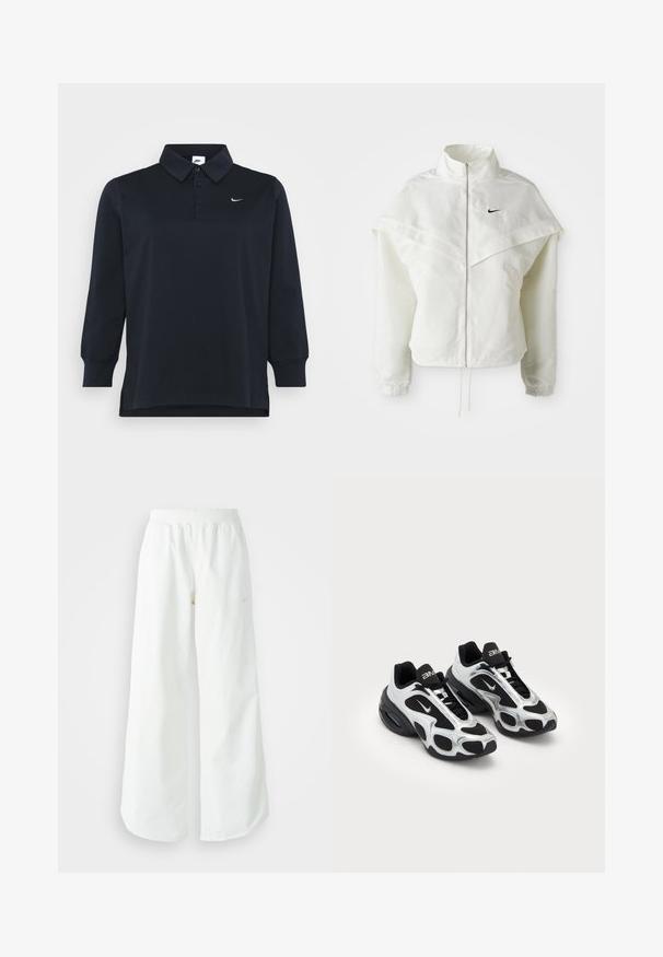 Biela bunda s dlhým rukávom na zips a vysokým golierom, s plášťovým detailom cez plecia, elastickými manžetami a malým čiernym logom Nike na hrudi.; Námornícky modrá polokošeľa s dlhým rukávom vyrobená z bavlny, s golierom, zapínaním na tri gombíky a malým bielym logom na hrudníku.; Biele široké športové nohavice s ribbovaným pásom a jemným logom. Hladká tkanina s uvoľneným strihom a zúženým lemom.; Čierne a strieborné športové topánky s vrchnou časťou z sieťoviny a syntetických materiálov, ktorá sa vyznačuje výrazným vlnitým dizajnom a polstrovaným golierom, so vzduchovým odpružením v podrážke.