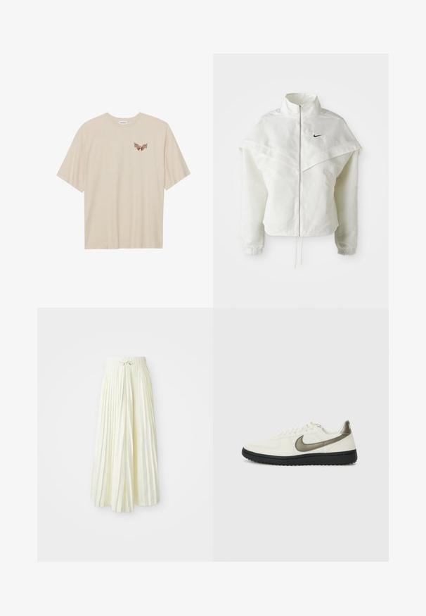 Chaqueta blanca de manga larga con cremallera y cuello alto, detalle tipo capa en los hombros, puños elásticos y pequeño logo negro de Nike en el pecho.; Camiseta de algodón beige con mangas cortas, que presenta un pequeño gráfico marrón de alas y el texto "SLEEPY CLUB" en el pecho.; Falda midi plisada en tela de color amarillo claro, con una cinturilla elástica y un lazo, textura suave y rayas verticales para un detalle adicional.; Nike Sportswear FIELD GENERAL - Zapatillas - off-white/black