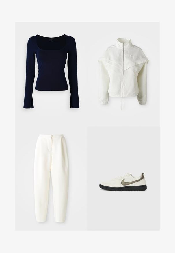 Bela jakna z dolgimi rokavi in zadrgo, visokim ovratnikom, plaščastim detajlom čez ramena, elastičnimi manšetami in majhnim črnim logotipom Nike na prsih.; Mornarsko modra majica z dolgimi rokavi in kvadratnim izrezom, izdelana iz gladkega, raztegljivega materiala. Ima prilegajočo obliko in rahlo razširjene konce rokavov.; Bela visoko pasovana tapered hlače z zadrgo na sprednji strani in stranskimi žepi, prikazane na enotnem belem ozadju.; Nike Sportswear FIELD GENERAL - Športni copati - off-white/black