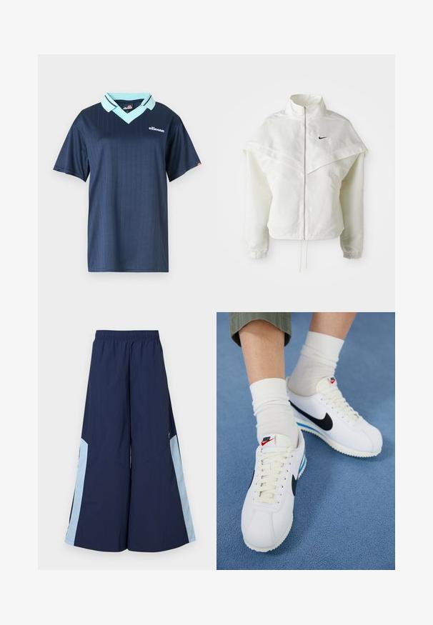 Chaqueta blanca de manga larga con cremallera y cuello alto, detalle tipo capa en los hombros, puños elásticos y pequeño logo negro de Nike en el pecho.; Polo de manga corta azul marino con cuello azul claro y patrón de rayas verticales. Cuenta con un logo de la marca en blanco en el pecho.; Pantalones de pierna ancha azul marino con una cintura elástica, que cuentan con paneles laterales de color azul claro y una textura suave. Diseñados para la comodidad y la libertad de movimiento.; Zapatillas Nike blancas con swoosh negro, cordones delanteros y suelas blancas con acentos azules. Llevadas con calcetines blancos de caña corta sobre pantalones verdes.
