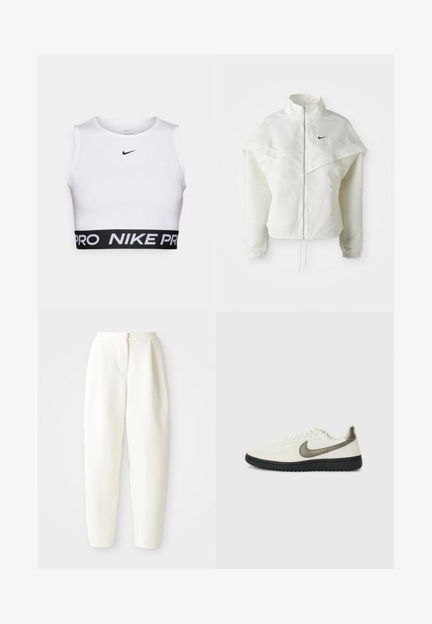 Valkoinen pitkähihainen vetoketjullinen takki korkealla kauluksella, viittamainen yksityiskohta olkapäillä, joustavat hihansuut ja pieni musta Nike-logo rinnassa.; Valkoinen urheilullinen lyhyt toppi, jossa on pyöreä kaula-aukko, hihaton muotoilu ja musta elastinen vyötärö, jossa on "NIKE PRO" -teksti.; Valkoiset korkeavyötäröiset kapenevat housut, joissa on piilovetoketju edessä ja sivutaskut, esiteltynä yksinkertaista valkoista taustaa vasten.; Nike Sportswear FIELD GENERAL - Matalavartiset tennarit - off-white/black