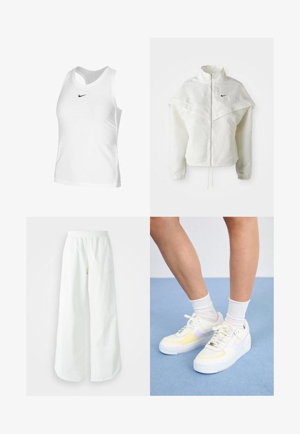 Bjela jakna dugih rukava s patentnim zatvaračem i visokim ovratnikom, s kapastim detaljima preko ramena, elastičnim manžetama i malim crnim Nike logom na prsima.; Bijela atletska majica bez rukava od glatkog materijala, s okruglim izrezom, otvorenim leđima i malim crnim Nike logom na prsima.; Bijele široke sportske hlače s rebrastim pojasom i suptilnim logotipom. Glatka tkanina s opuštenim krojem i suženim rubom.; Bijele kožne tenisice s žutim i lavandinim naglascima, okrugli vrh, ravne vezice i teksturirana gumena potplat. Nosene s bijelim čarapama.