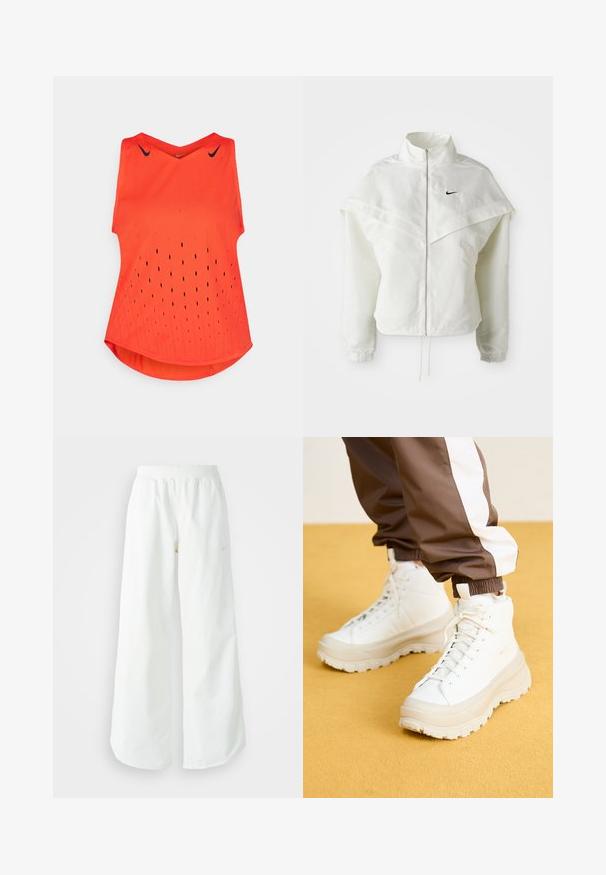 Vit långärmad zip-up jacka med hög krage, kap-liknande detalj över axlarna, elastiska ärmslut och liten svart Nike-logga på bröstet.; Orange ärmlös träningströja med V-ringning, med små ventilationshål över hela tröjan och svarta Nike-loggor på axlarna.; Vita vida atletiska byxor med breda ben och ribbad midja samt subtil logodetalj. Slät tyg med avslappnad passform och avsmalnande fåll.; Vita högtoppsneakers med en kraftig, texturerad sula, som har en slät ovandel, rund tå och matchande snörning, placerade mot en gul bakgrund.